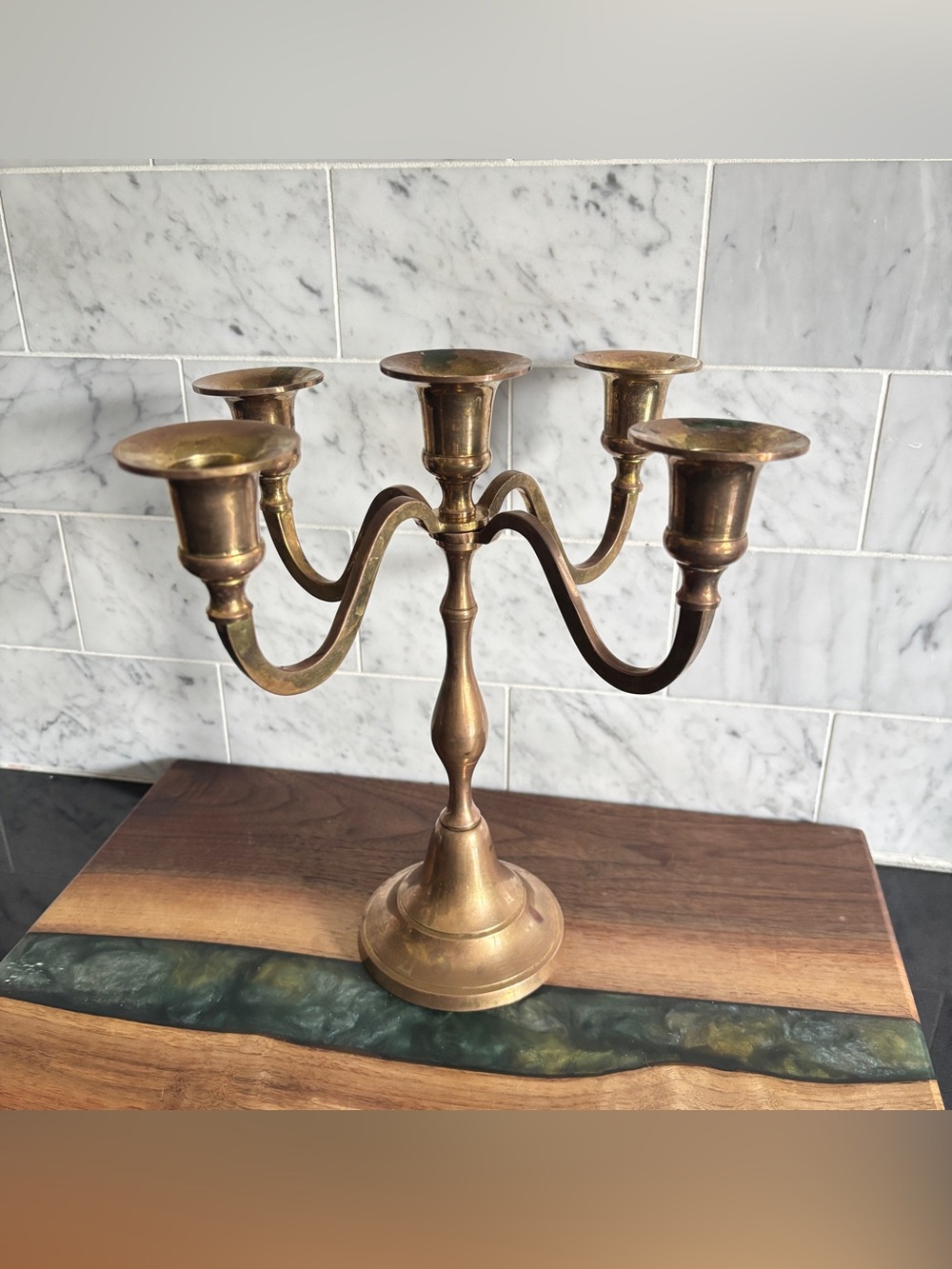 Vintage 9” Brass 5 Arm Candelabra
